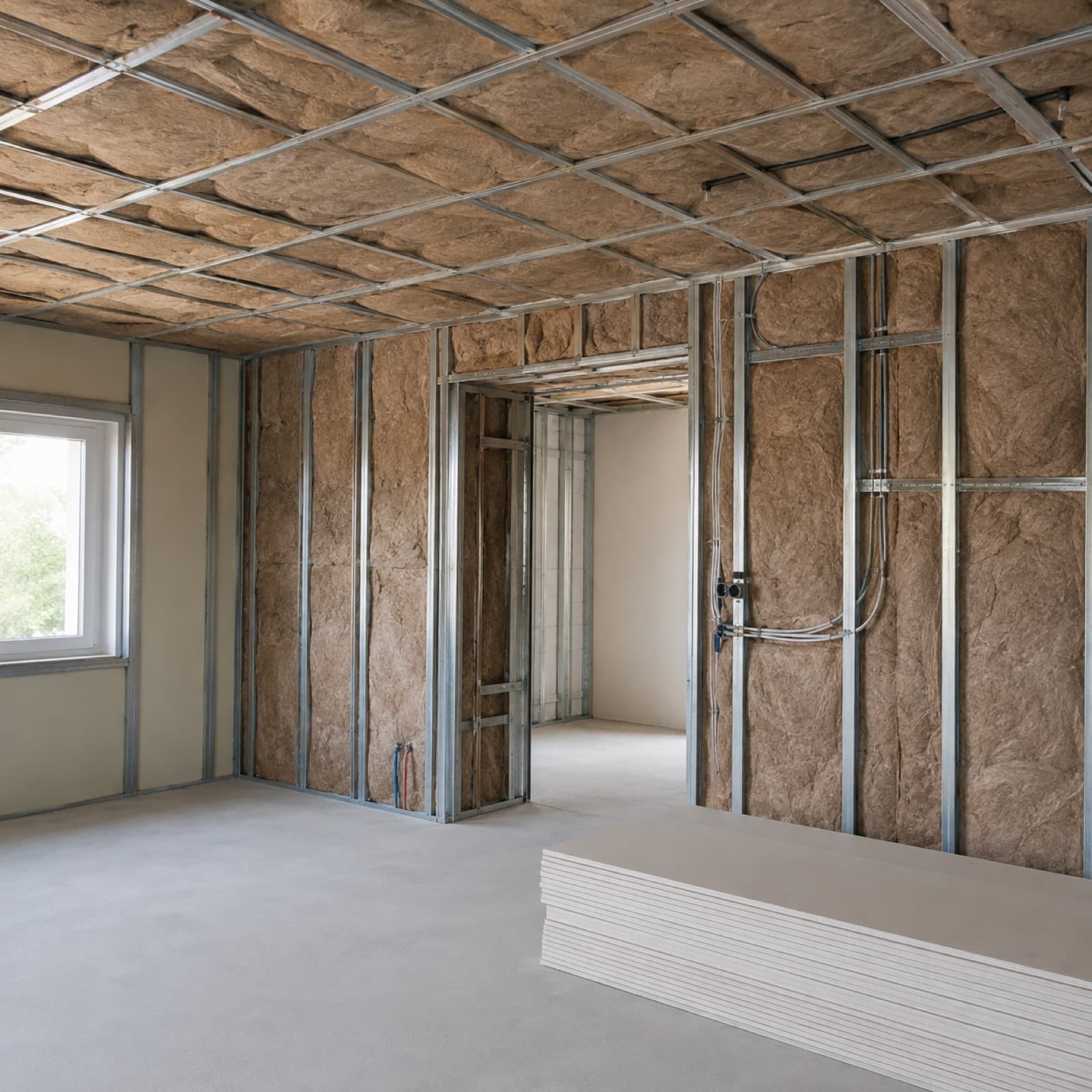 Wanden en plafond geïsoleerd met steenwol tussen een metal-studconstructie
